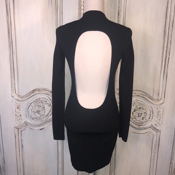 NA-KD Minimalist Mock Neck open Back Long Sleeve Ribbed Knit Bodycon Black Dress - Picture 9 of 12